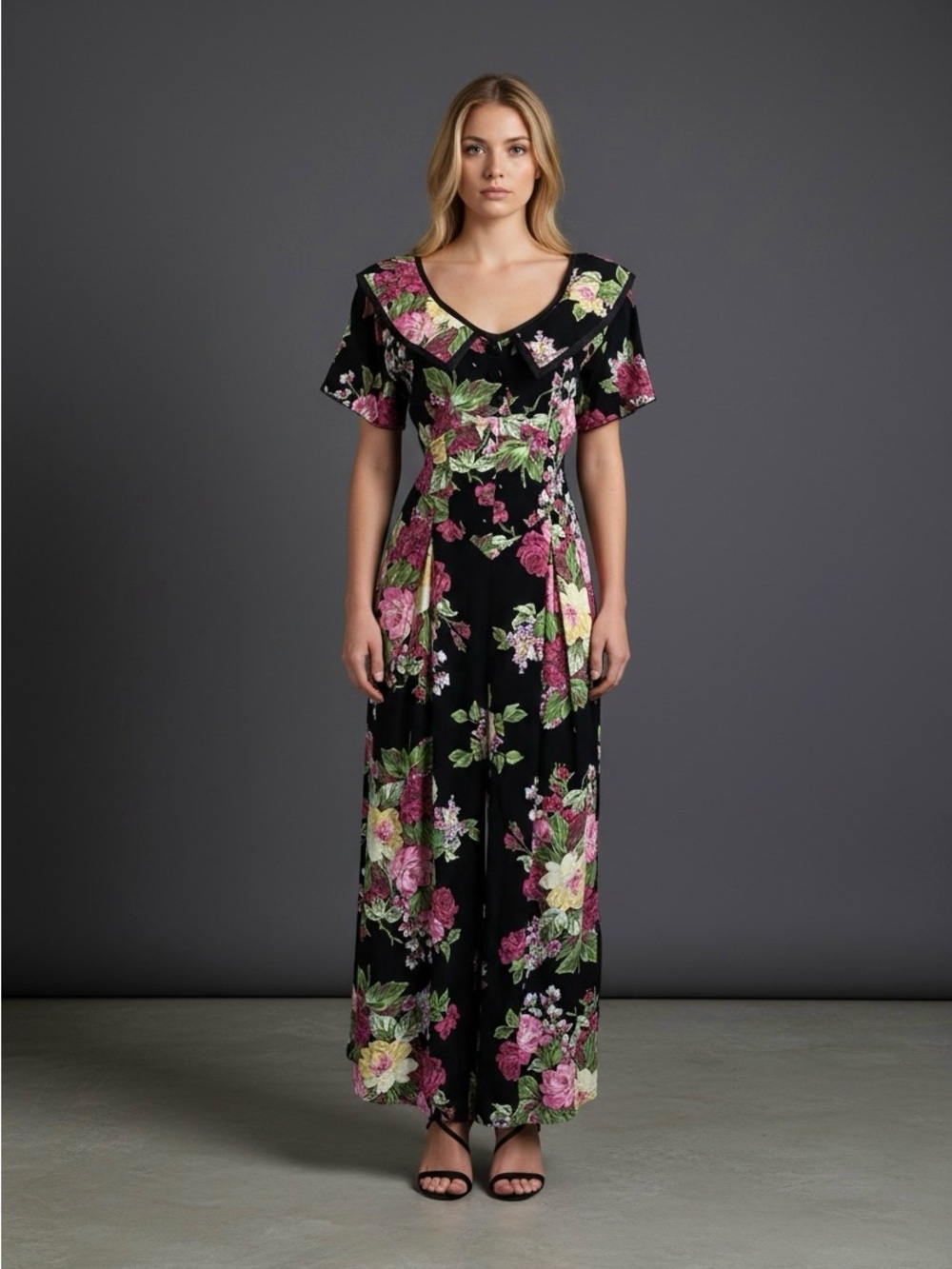 80s 90s KAREN ALEXANDER Open Back Floral Cottagecore Romantic Rayon Tea Dress SM